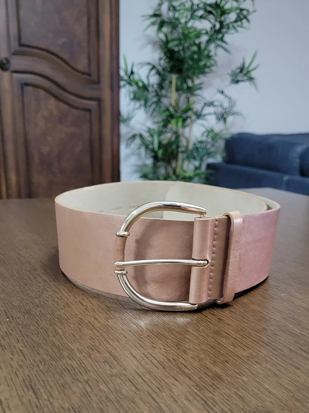 Women's Tan Blush Leather Belt with Gold Buckle 38